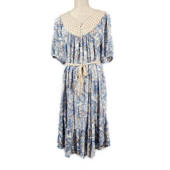 Lucky Brand M Puff Sleeve V Neck Western Peasant Blue Paisley Rayon Midi Dress - Picture 1 of 7